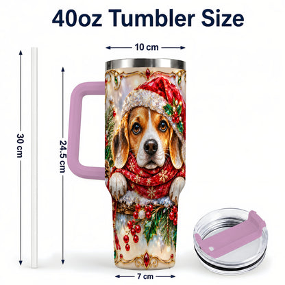 #pl[40oz|Pink] Christmas Beagle 40oz Tumbler with Handle, Holiday Stainless Steel Cup