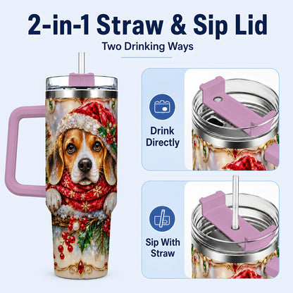 #pl[40oz|Pink] Christmas Beagle 40oz Tumbler with Handle, Holiday Stainless Steel Cup
