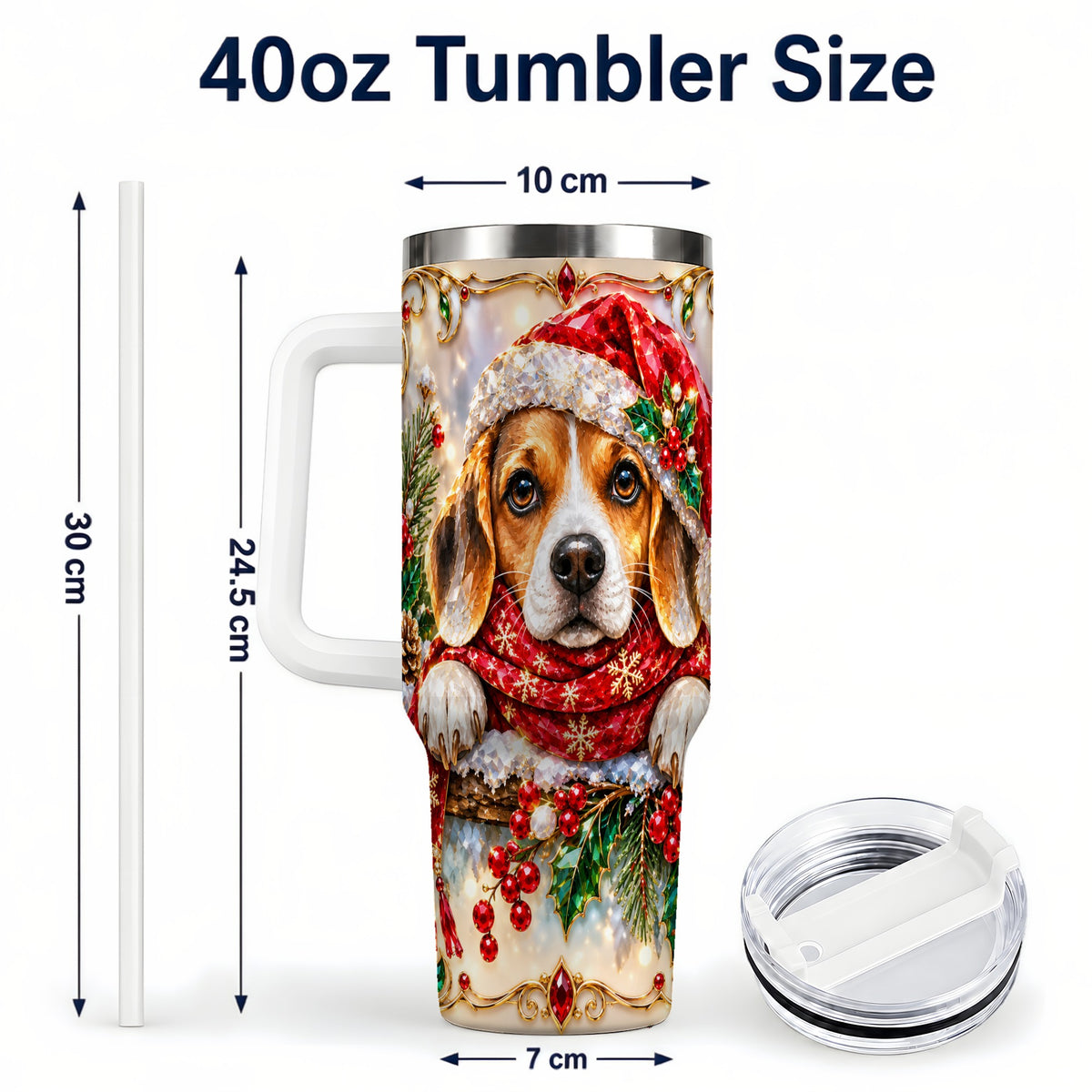 #pl[40oz|White] Christmas Beagle 40oz Tumbler with Handle, Holiday Stainless Steel Cup