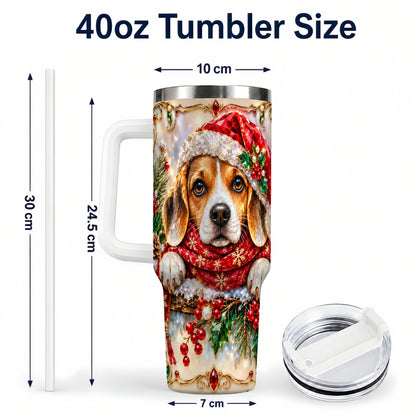 #pl[40oz|White] Christmas Beagle 40oz Tumbler with Handle, Holiday Stainless Steel Cup
