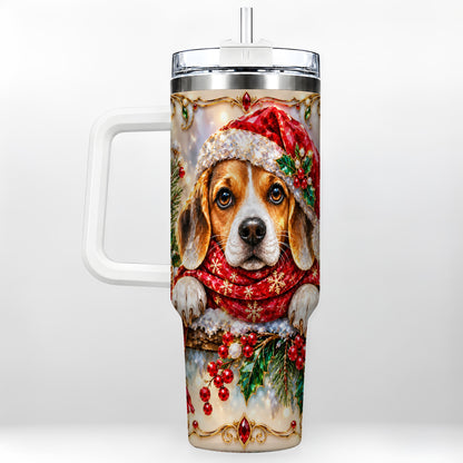 Christmas Beagle 40oz Tumbler with Handle, Holiday Stainless Steel Cup