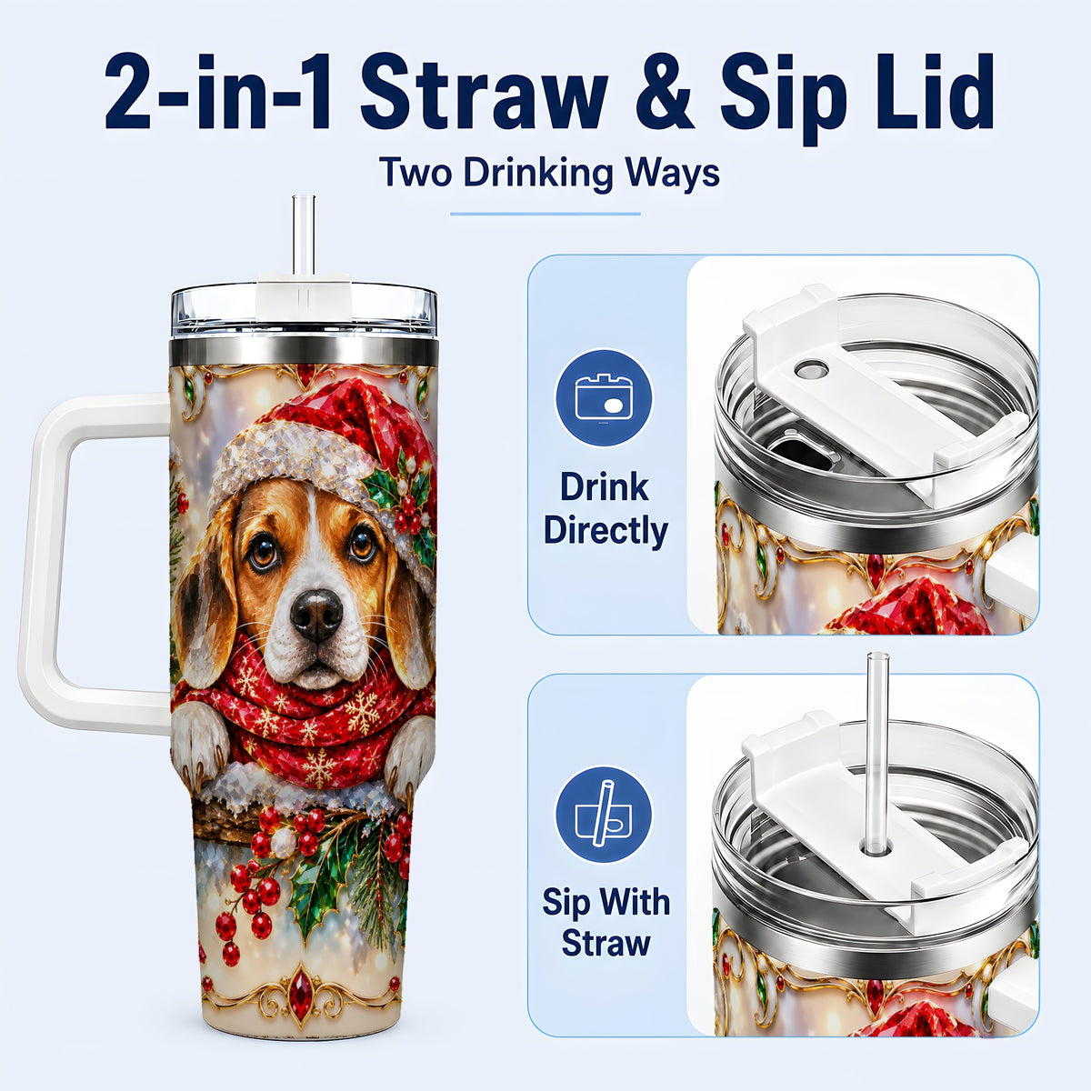 #pl[40oz|White] Christmas Beagle 40oz Tumbler with Handle, Holiday Stainless Steel Cup