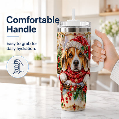 #pl[40oz|White] Christmas Beagle 40oz Tumbler with Handle, Holiday Stainless Steel Cup