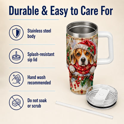 Christmas Beagle 40oz Tumbler with Handle, Holiday Stainless Steel Cup