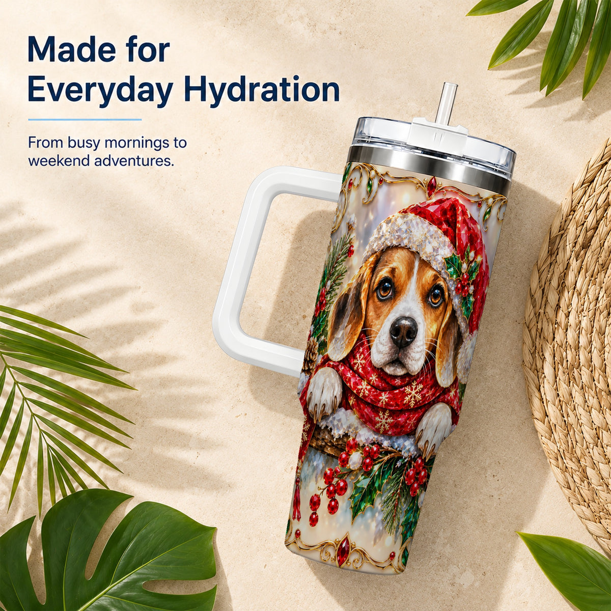 Christmas Beagle 40oz Tumbler with Handle, Holiday Stainless Steel Cup