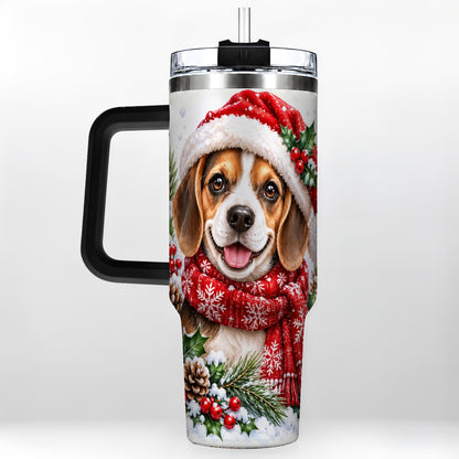 #pl[40oz|Black] Christmas Beagle 40oz Tumbler with Handle, Snowy Puppy Steel Cup