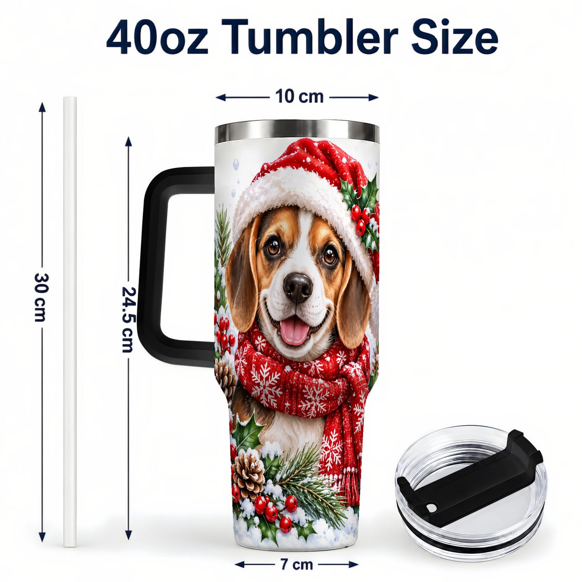 #pl[40oz|Black] Christmas Beagle 40oz Tumbler with Handle, Snowy Puppy Steel Cup