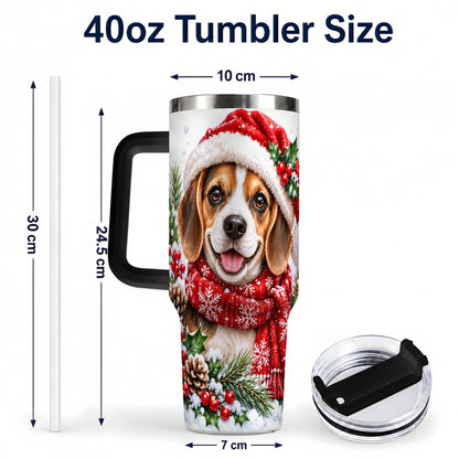 #pl[40oz|Black] Christmas Beagle 40oz Tumbler with Handle, Snowy Puppy Steel Cup