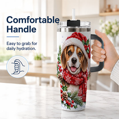 #pl[40oz|Black] Christmas Beagle 40oz Tumbler with Handle, Snowy Puppy Steel Cup