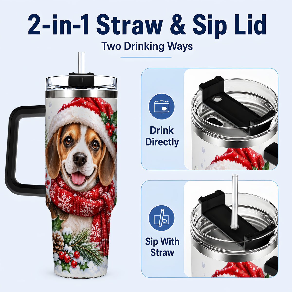 #pl[40oz|Black] Christmas Beagle 40oz Tumbler with Handle, Snowy Puppy Steel Cup