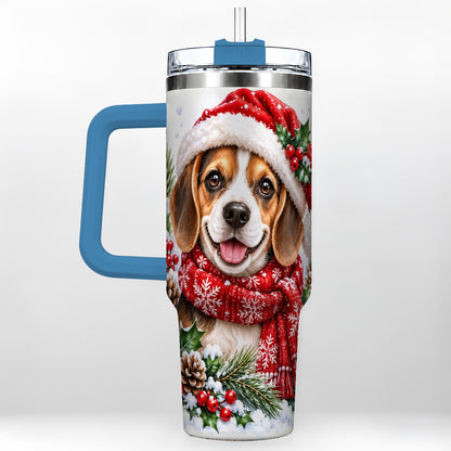 #pl[40oz|Blue] Christmas Beagle 40oz Tumbler with Handle, Snowy Puppy Steel Cup