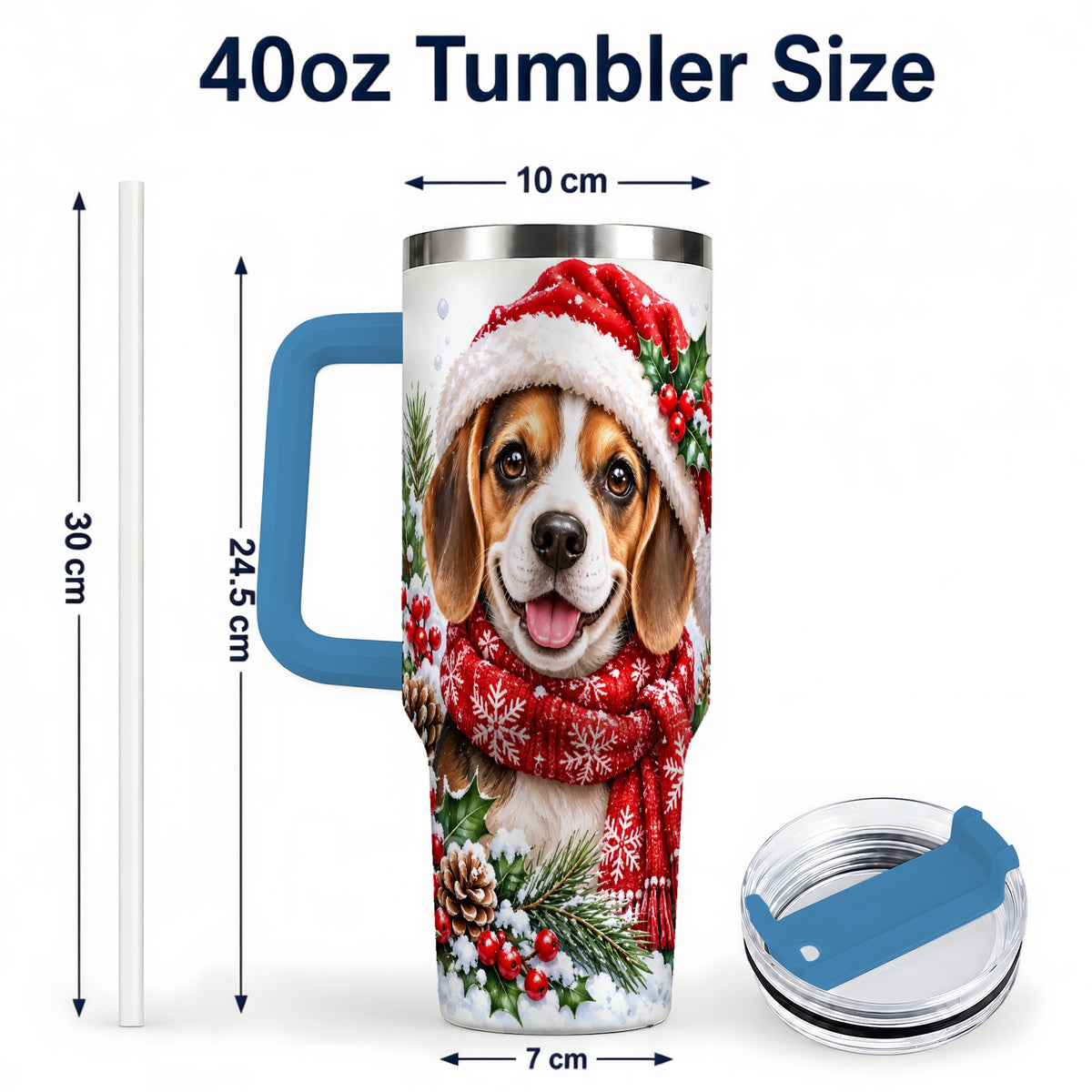 #pl[40oz|Blue] Christmas Beagle 40oz Tumbler with Handle, Snowy Puppy Steel Cup