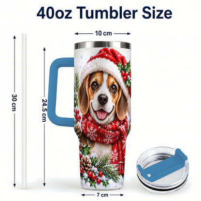 #pl[40oz|Blue] Christmas Beagle 40oz Tumbler with Handle, Snowy Puppy Steel Cup