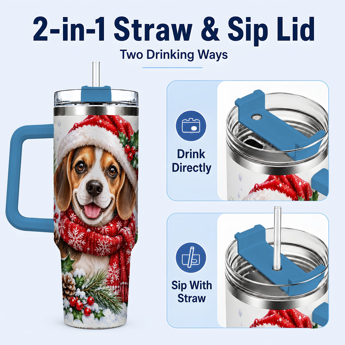 #pl[40oz|Blue] Christmas Beagle 40oz Tumbler with Handle, Snowy Puppy Steel Cup