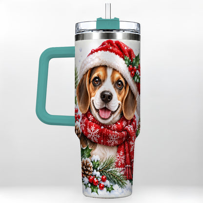 #pl[40oz|Green] Christmas Beagle 40oz Tumbler with Handle, Snowy Puppy Steel Cup