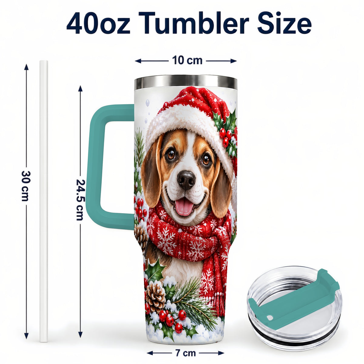 #pl[40oz|Green] Christmas Beagle 40oz Tumbler with Handle, Snowy Puppy Steel Cup