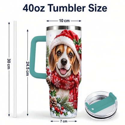 #pl[40oz|Green] Christmas Beagle 40oz Tumbler with Handle, Snowy Puppy Steel Cup