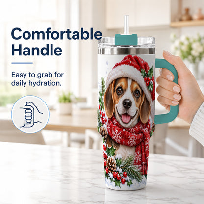 #pl[40oz|Green] Christmas Beagle 40oz Tumbler with Handle, Snowy Puppy Steel Cup