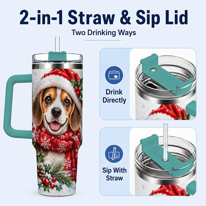 #pl[40oz|Green] Christmas Beagle 40oz Tumbler with Handle, Snowy Puppy Steel Cup