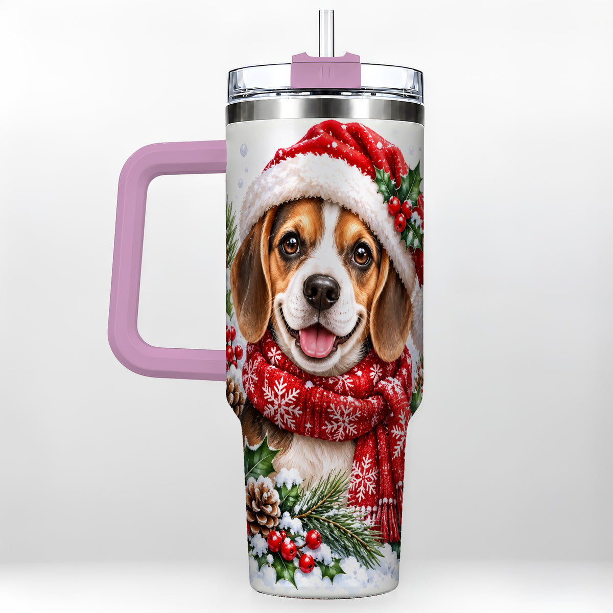 #pl[40oz|Pink] Christmas Beagle 40oz Tumbler with Handle, Snowy Puppy Steel Cup