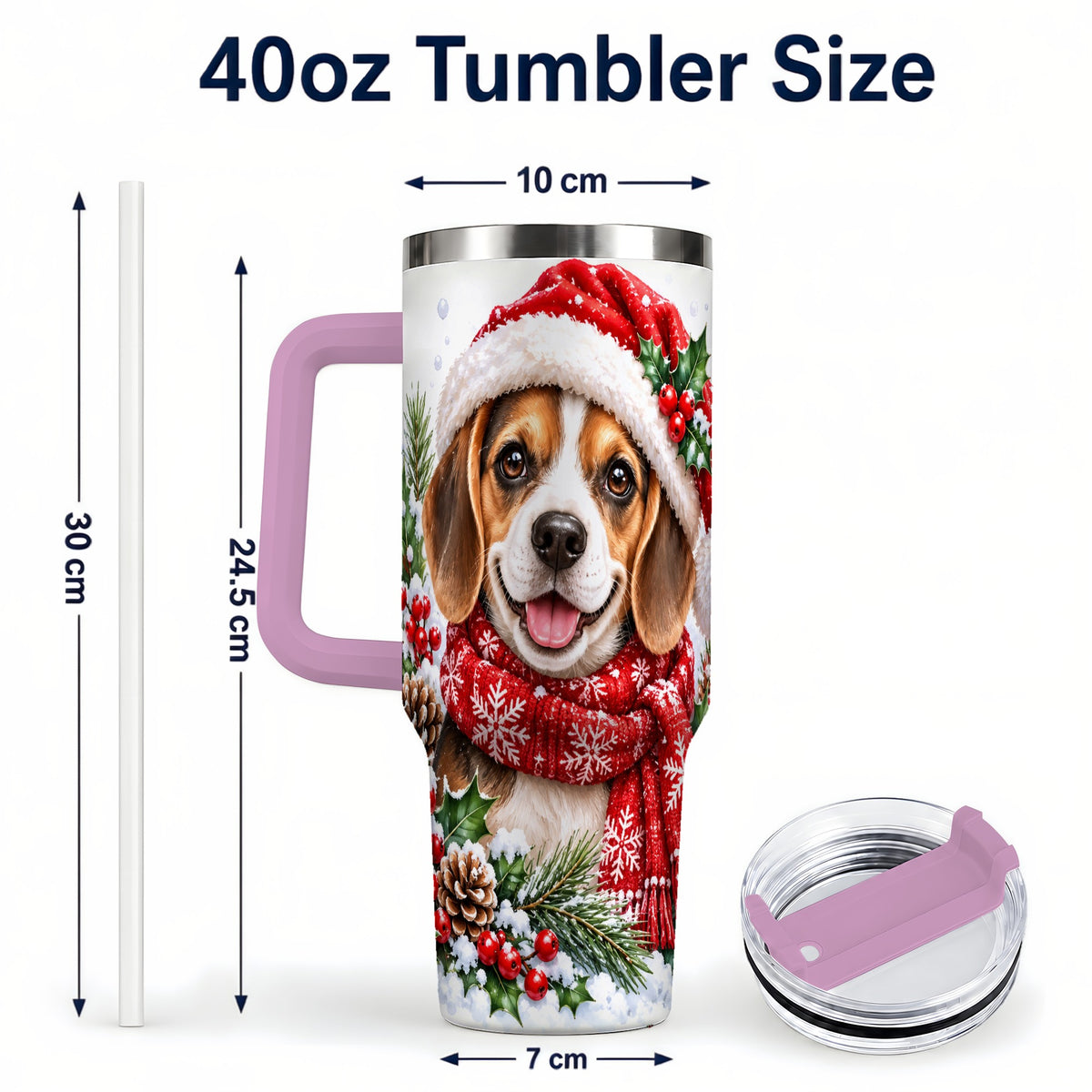 #pl[40oz|Pink] Christmas Beagle 40oz Tumbler with Handle, Snowy Puppy Steel Cup