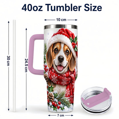 #pl[40oz|Pink] Christmas Beagle 40oz Tumbler with Handle, Snowy Puppy Steel Cup