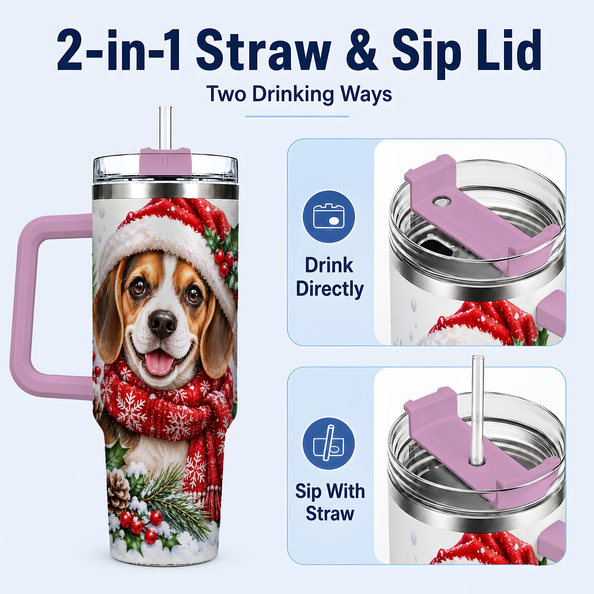 #pl[40oz|Pink] Christmas Beagle 40oz Tumbler with Handle, Snowy Puppy Steel Cup