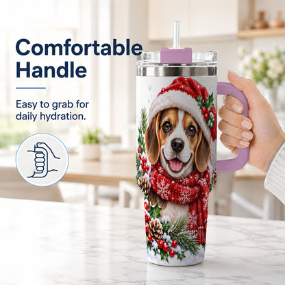 #pl[40oz|Pink] Christmas Beagle 40oz Tumbler with Handle, Snowy Puppy Steel Cup