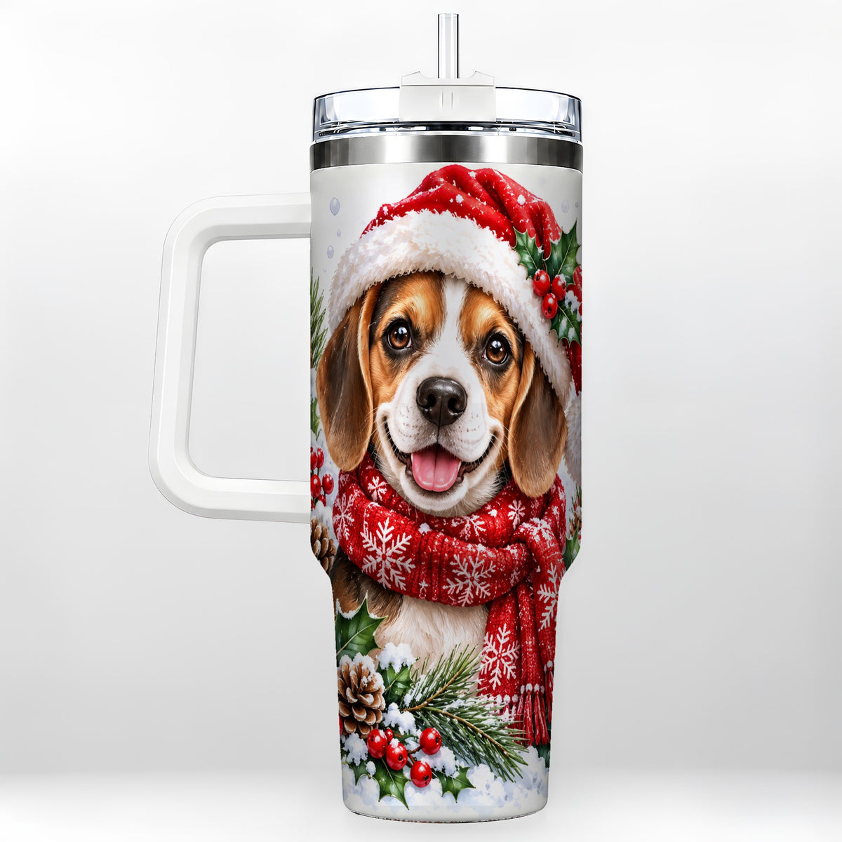 Christmas Beagle 40oz Tumbler with Handle, Snowy Puppy Steel Cup