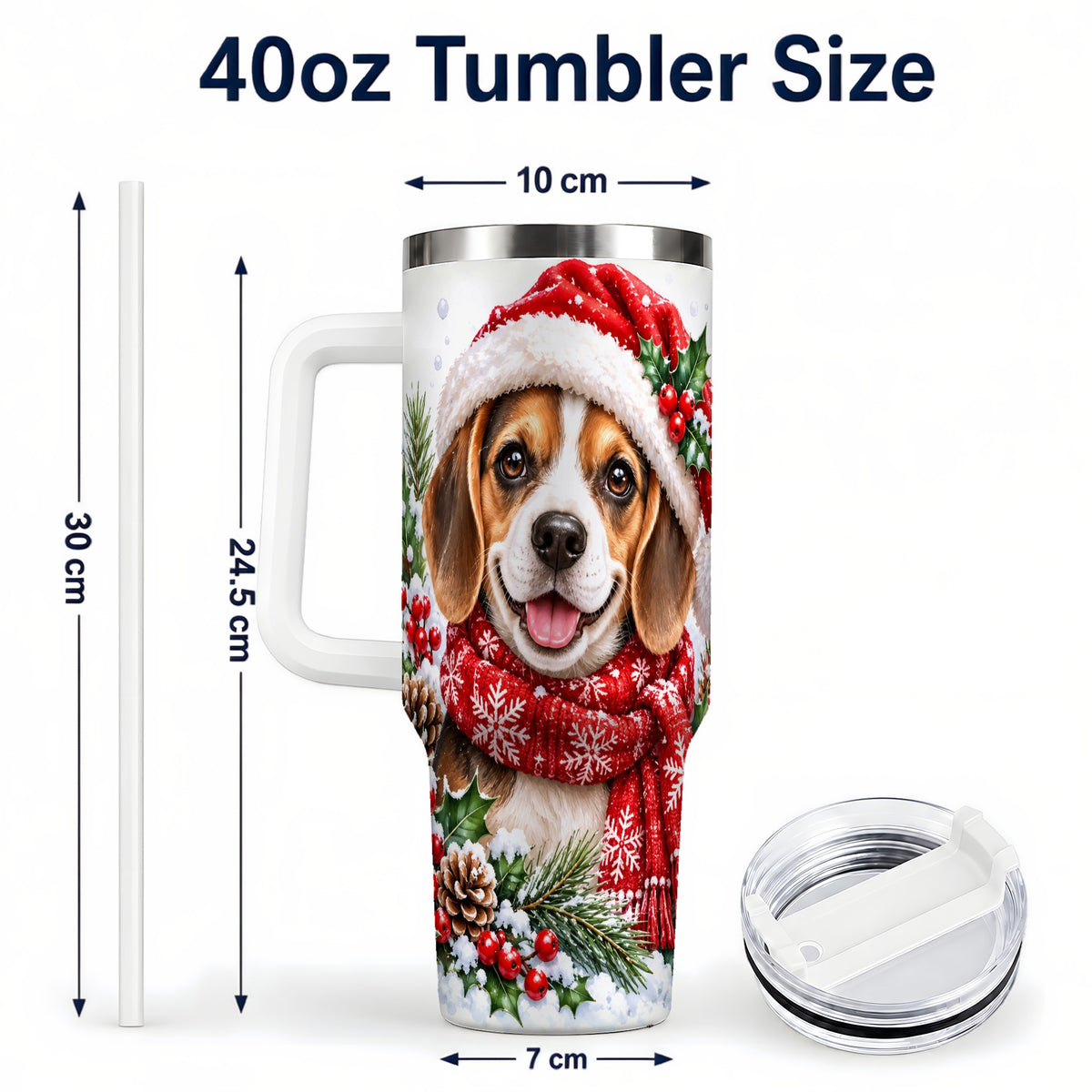 #pl[40oz|White] Christmas Beagle 40oz Tumbler with Handle, Snowy Puppy Steel Cup