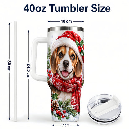 #pl[40oz|White] Christmas Beagle 40oz Tumbler with Handle, Snowy Puppy Steel Cup