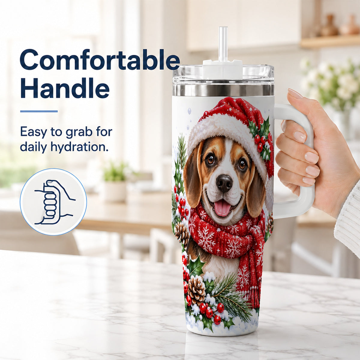 #pl[40oz|White] Christmas Beagle 40oz Tumbler with Handle, Snowy Puppy Steel Cup