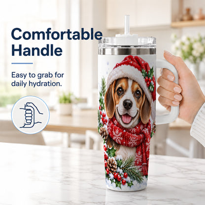 #pl[40oz|White] Christmas Beagle 40oz Tumbler with Handle, Snowy Puppy Steel Cup