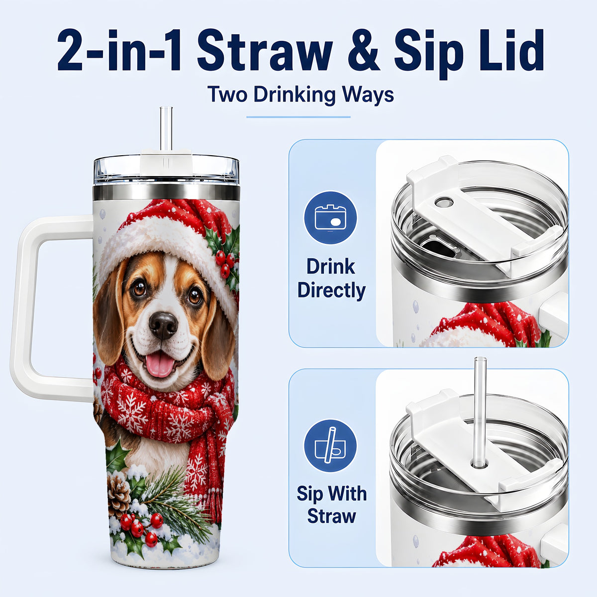 #pl[40oz|White] Christmas Beagle 40oz Tumbler with Handle, Snowy Puppy Steel Cup