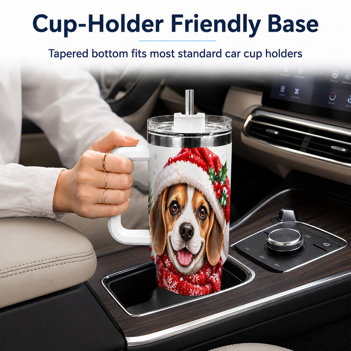 Christmas Beagle 40oz Tumbler with Handle, Snowy Puppy Steel Cup