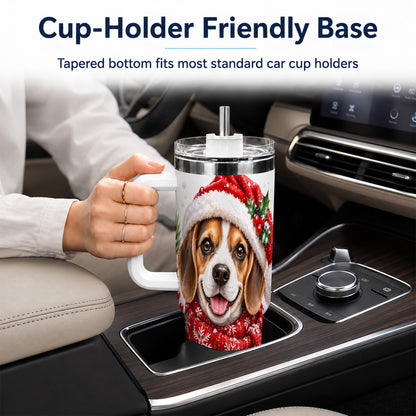 Christmas Beagle 40oz Tumbler with Handle, Snowy Puppy Steel Cup