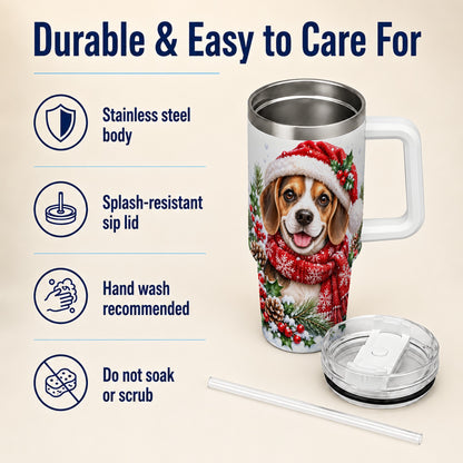 Christmas Beagle 40oz Tumbler with Handle, Snowy Puppy Steel Cup