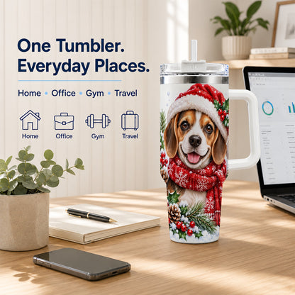 Christmas Beagle 40oz Tumbler with Handle, Snowy Puppy Steel Cup