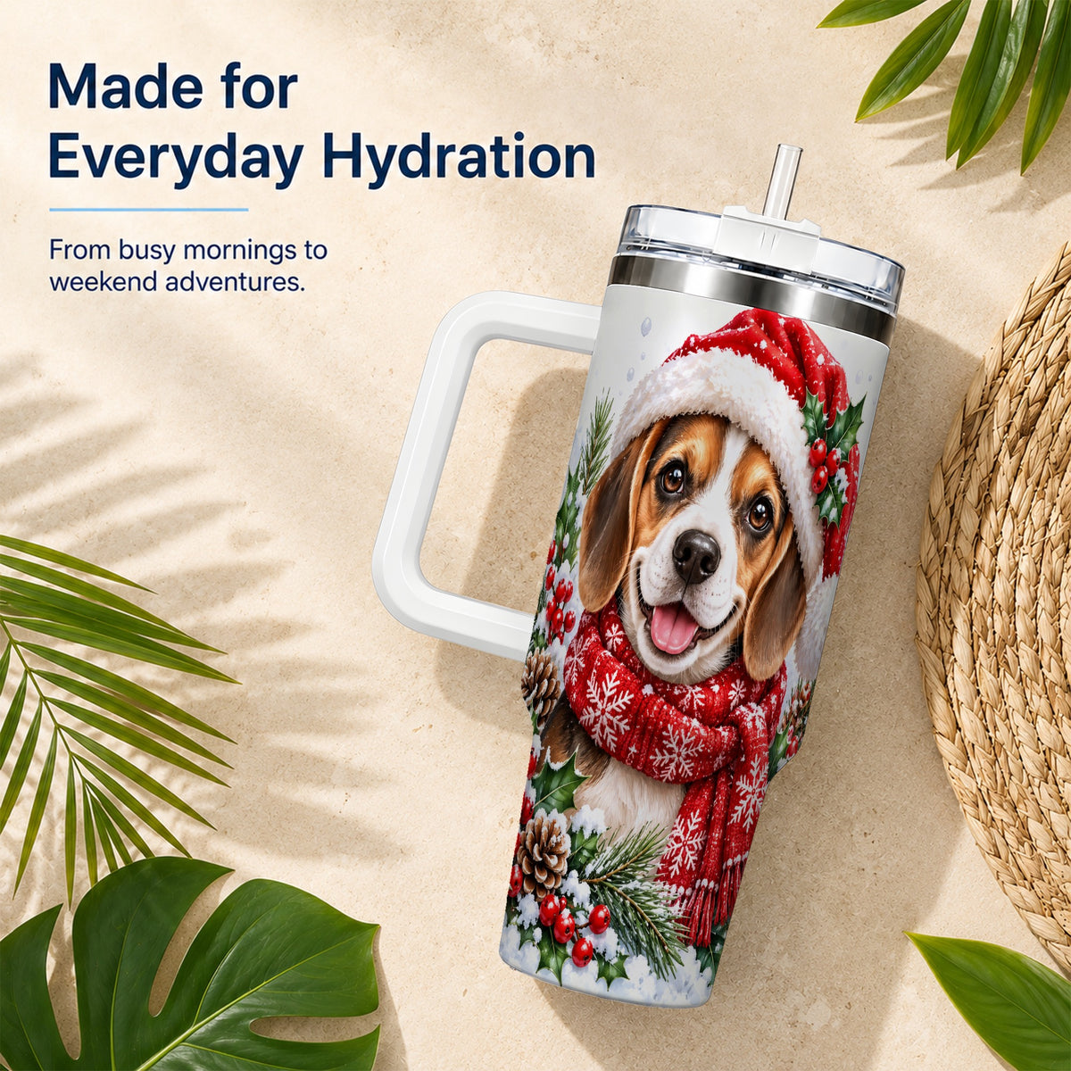 Christmas Beagle 40oz Tumbler with Handle, Snowy Puppy Steel Cup
