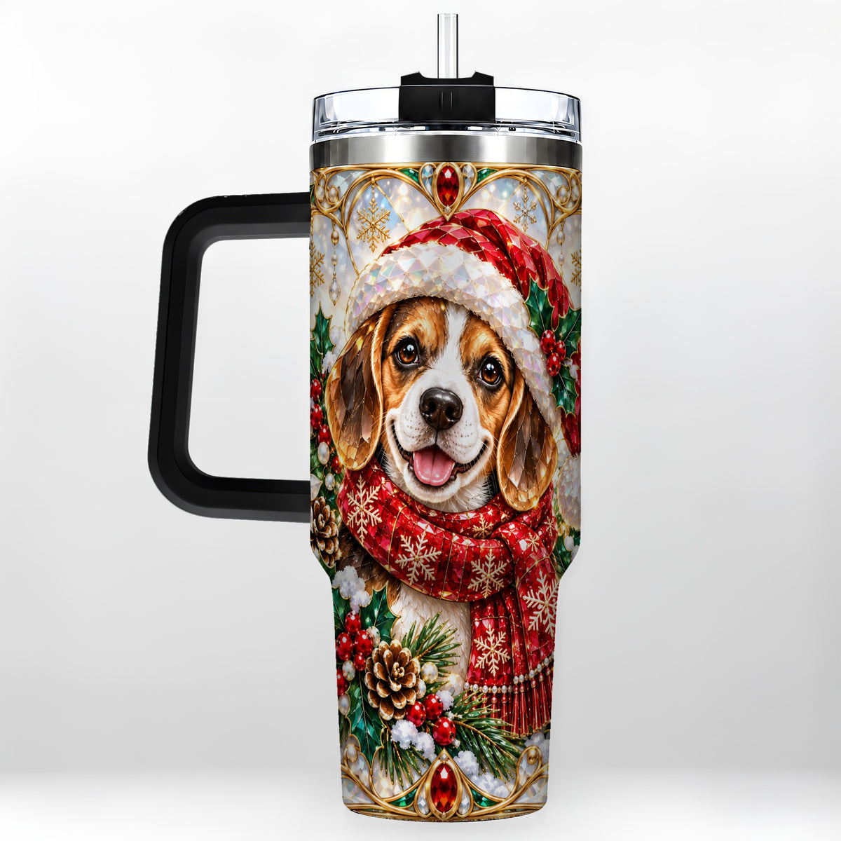 #pl[40oz|Black] Jeweled Beagle 40oz Tumbler with Handle, Christmas Stainless Steel Cup