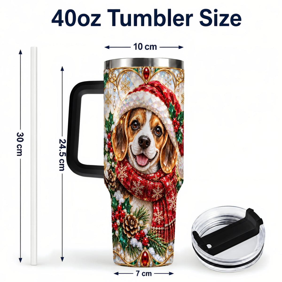#pl[40oz|Black] Jeweled Beagle 40oz Tumbler with Handle, Christmas Stainless Steel Cup