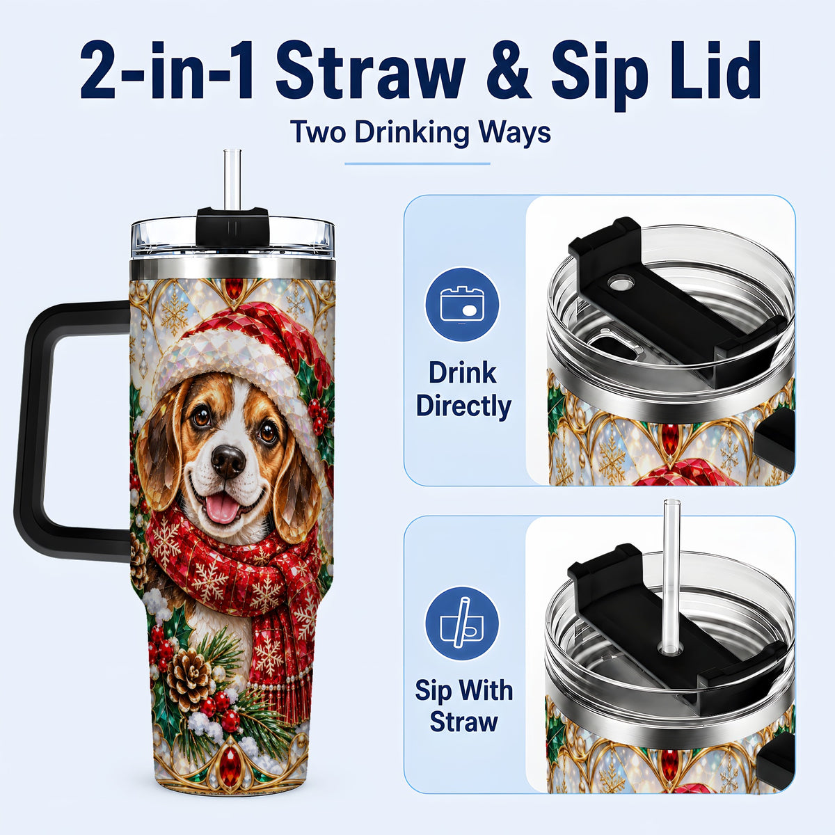 #pl[40oz|Black] Jeweled Beagle 40oz Tumbler with Handle, Christmas Stainless Steel Cup