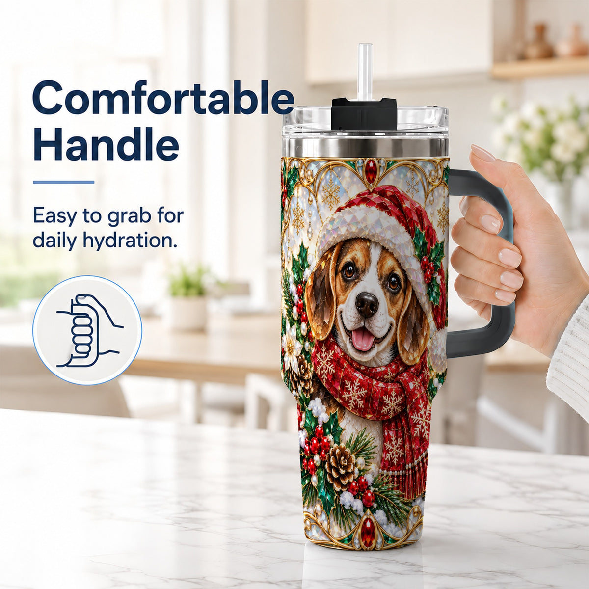 #pl[40oz|Black] Jeweled Beagle 40oz Tumbler with Handle, Christmas Stainless Steel Cup
