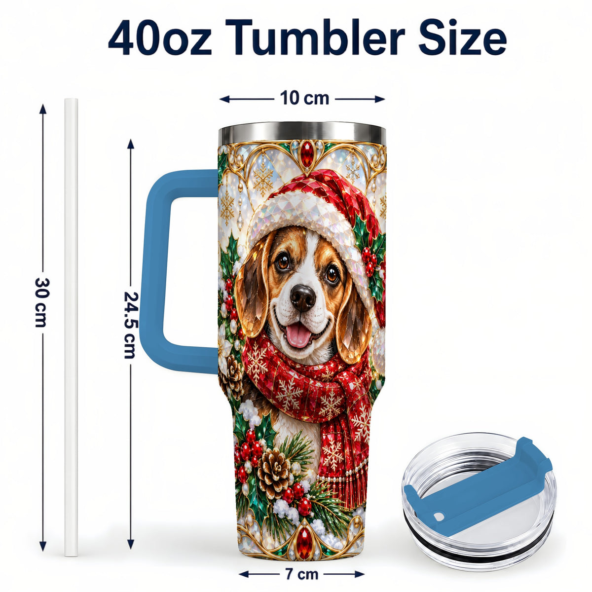 #pl[40oz|Blue] Jeweled Beagle 40oz Tumbler with Handle, Christmas Stainless Steel Cup