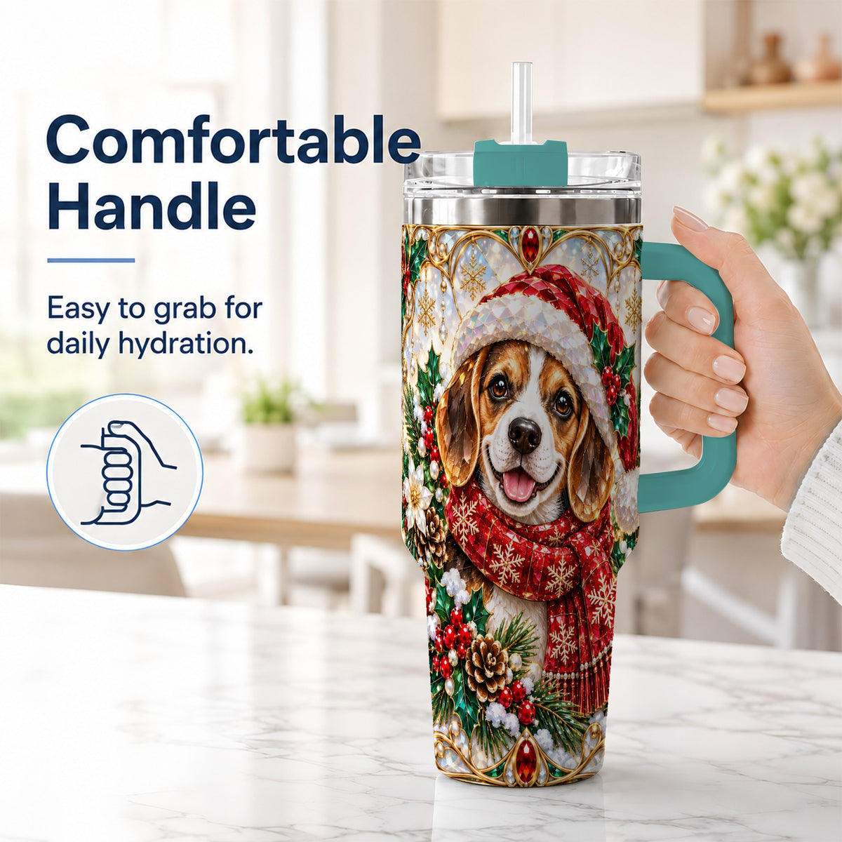 #pl[40oz|Green] Jeweled Beagle 40oz Tumbler with Handle, Christmas Stainless Steel Cup