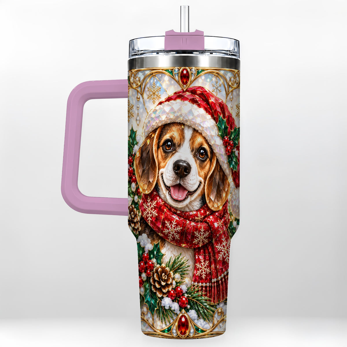 #pl[40oz|Pink] Jeweled Beagle 40oz Tumbler with Handle, Christmas Stainless Steel Cup