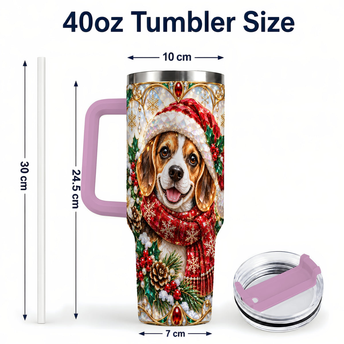 #pl[40oz|Pink] Jeweled Beagle 40oz Tumbler with Handle, Christmas Stainless Steel Cup