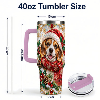 #pl[40oz|Pink] Jeweled Beagle 40oz Tumbler with Handle, Christmas Stainless Steel Cup
