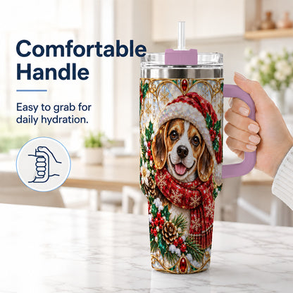 #pl[40oz|Pink] Jeweled Beagle 40oz Tumbler with Handle, Christmas Stainless Steel Cup