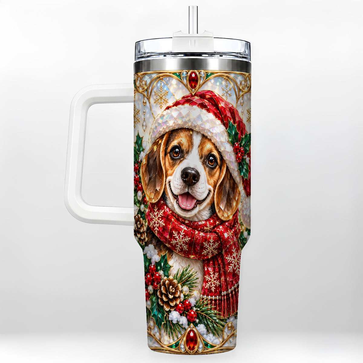 Jeweled Beagle 40oz Tumbler with Handle, Christmas Stainless Steel Cup